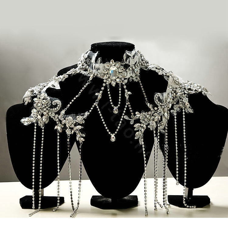 Luxury Crystal Lace Flower Tassel Wedding Bridal Shoulder Chain Strap Shawl Necklace jewelry