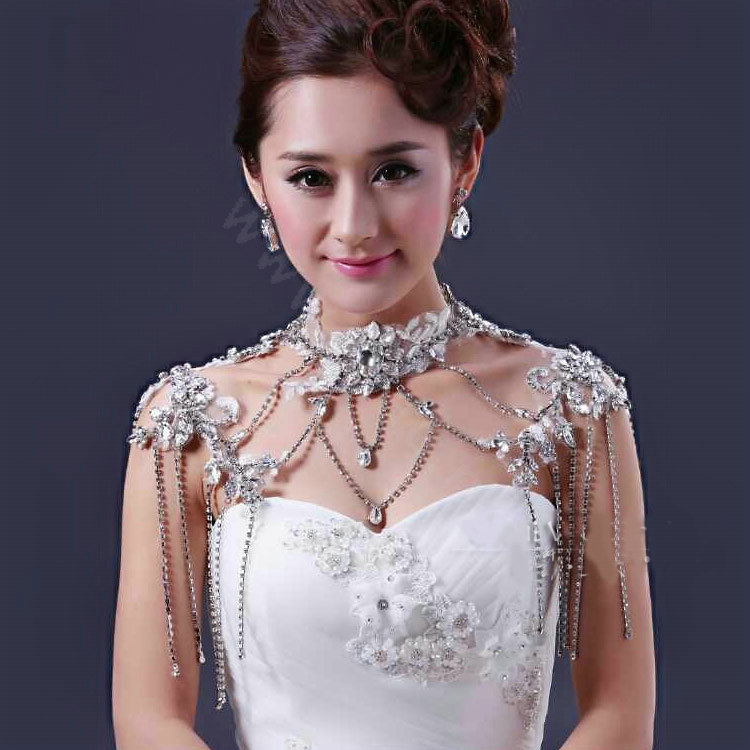 Luxury Crystal Lace Flower Tassel Wedding Bridal Shoulder Chain Strap Shawl Necklace jewelry