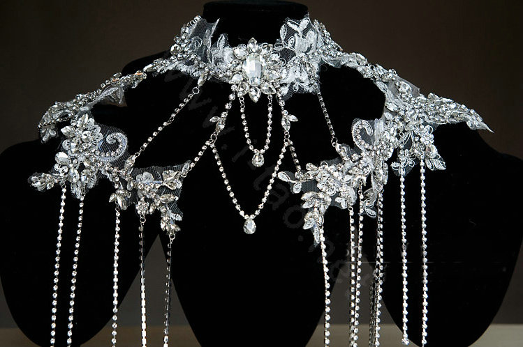 Luxury Crystal Lace Flower Tassel Wedding Bridal Shoulder Chain Strap Shawl Necklace jewelry