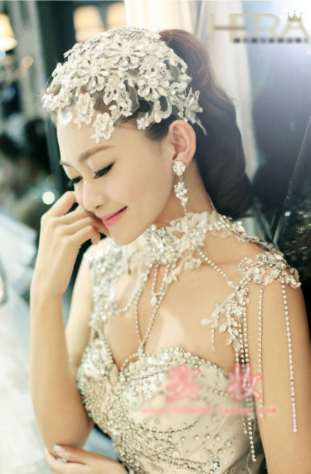 Luxury Crystal Lace Flower Tassel Wedding Bridal Shoulder Chain Strap Shawl Necklace jewelry