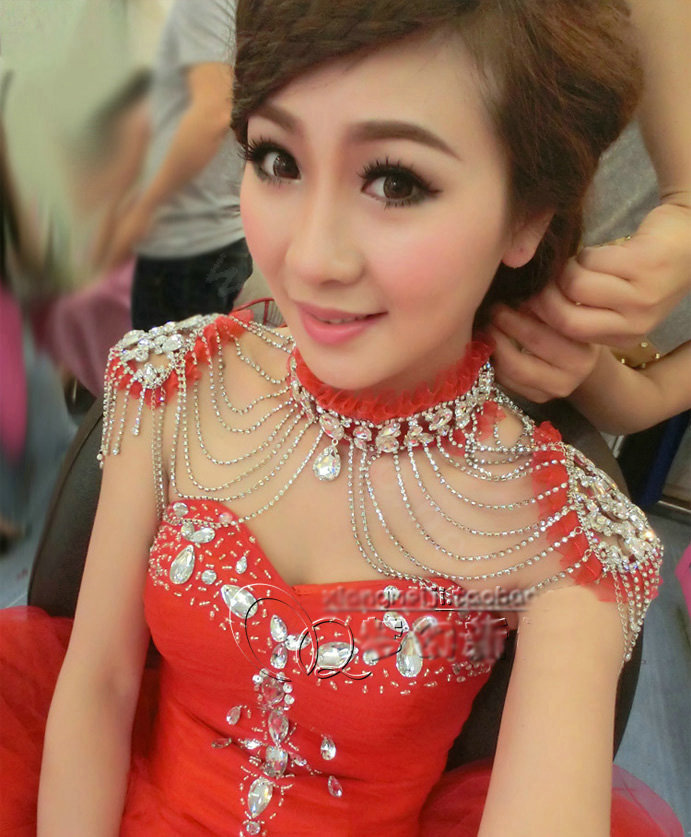 Luxury Crystal Lace Tassel Wedding Bridal Shoulder Chain Strap Shawl Necklace jewelry - Red