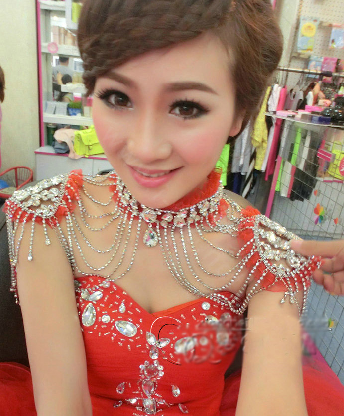 Luxury Crystal Lace Tassel Wedding Bridal Shoulder Chain Strap Shawl Necklace jewelry - Red