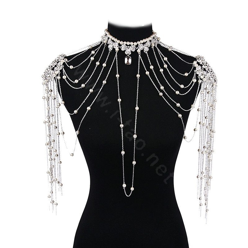 Luxury Crystal Pearl Bowknot Tassel Wedding Bridal Shoulder Chain Strap Shawl Necklace jewelry
