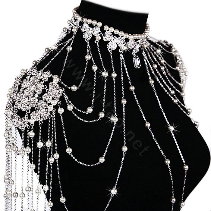 Luxury Crystal Pearl Bowknot Tassel Wedding Bridal Shoulder Chain Strap Shawl Necklace jewelry