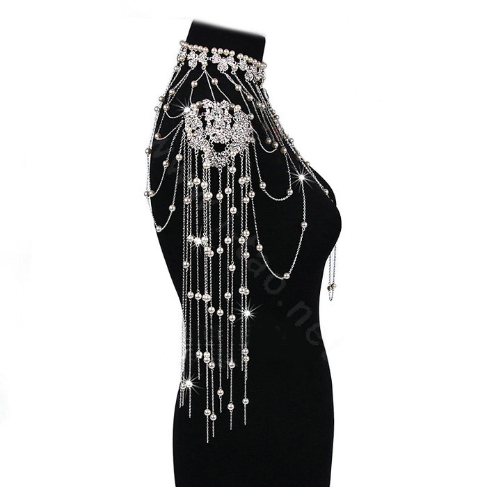 Luxury Crystal Pearl Bowknot Tassel Wedding Bridal Shoulder Chain Strap Shawl Necklace jewelry