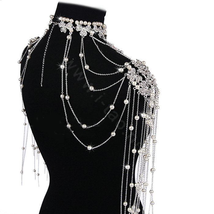 Luxury Crystal Pearl Bowknot Tassel Wedding Bridal Shoulder Chain Strap Shawl Necklace jewelry