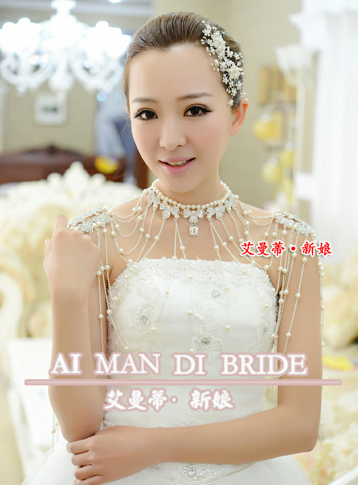 Luxury Crystal Pearl Bowknot Tassel Wedding Bridal Shoulder Chain Strap Shawl Necklace jewelry