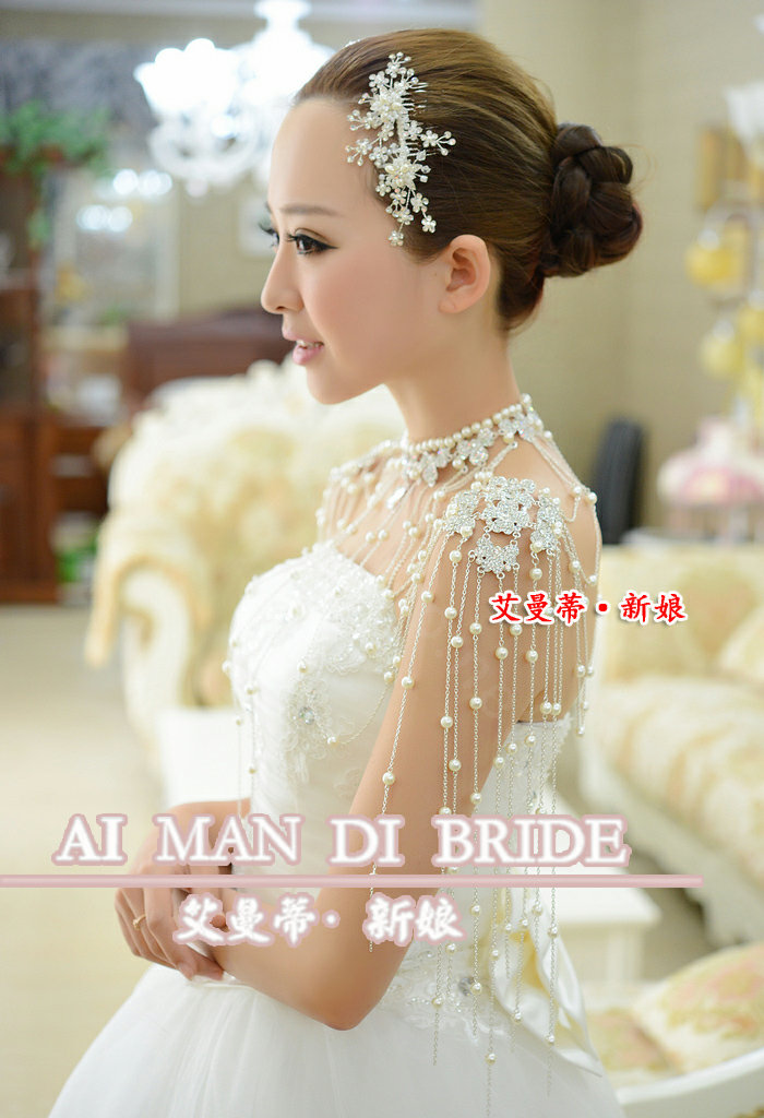 Luxury Crystal Pearl Bowknot Tassel Wedding Bridal Shoulder Chain Strap Shawl Necklace jewelry
