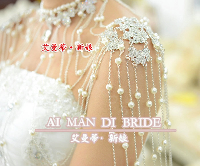 Luxury Crystal Pearl Bowknot Tassel Wedding Bridal Shoulder Chain Strap Shawl Necklace jewelry