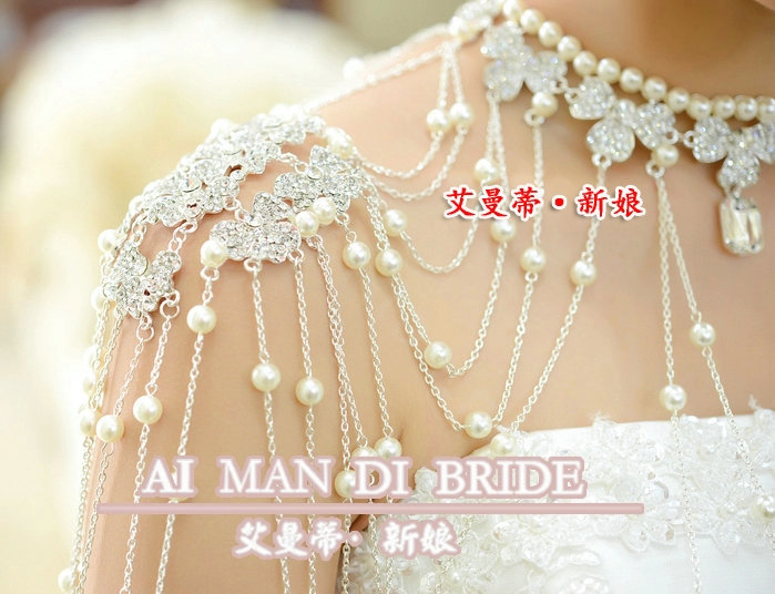 Luxury Crystal Pearl Bowknot Tassel Wedding Bridal Shoulder Chain Strap Shawl Necklace jewelry