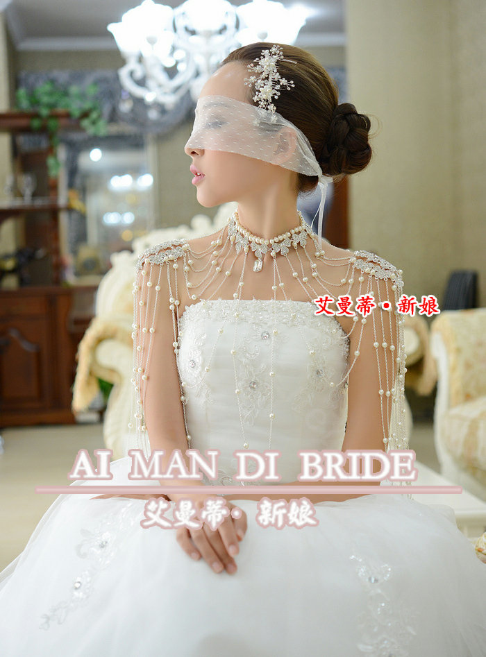 Luxury Crystal Pearl Bowknot Tassel Wedding Bridal Shoulder Chain Strap Shawl Necklace jewelry