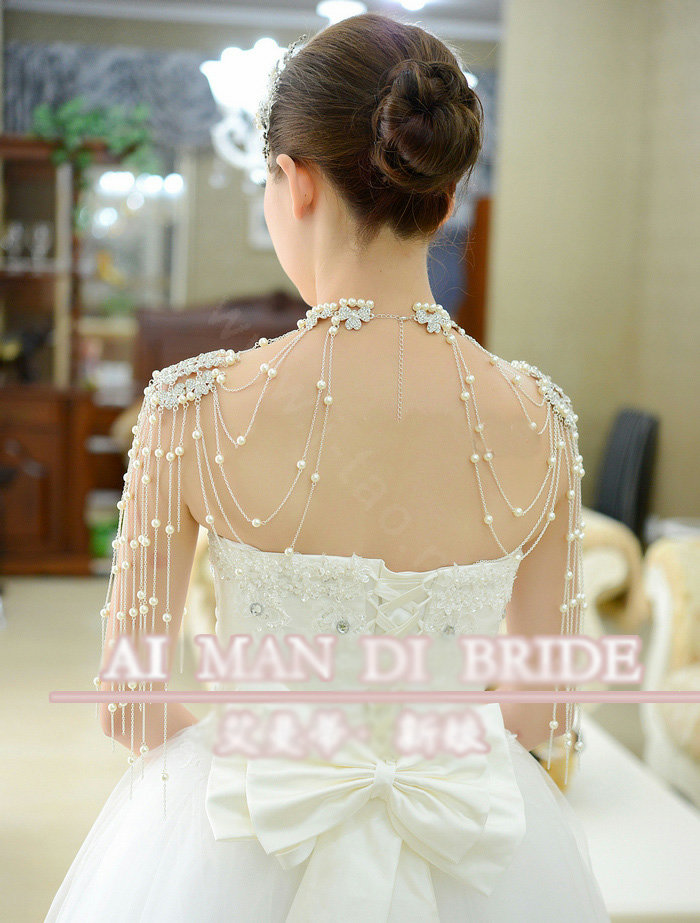 Luxury Crystal Pearl Bowknot Tassel Wedding Bridal Shoulder Chain Strap Shawl Necklace jewelry