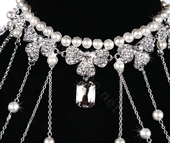 Luxury Crystal Pearl Bowknot Tassel Wedding Bridal Shoulder Chain Strap Shawl Necklace jewelry
