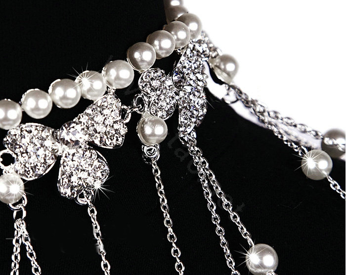 Luxury Crystal Pearl Bowknot Tassel Wedding Bridal Shoulder Chain Strap Shawl Necklace jewelry