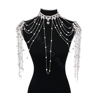 Luxury Crystal Pearl Bowknot Tassel Wedding Bridal Shoulder Chain Strap Shawl Necklace jewelry