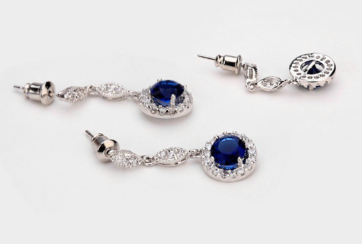 Newest Blue Gem Swiss CZ Crystal White Gold Plated Drop Stud Earrings Women Elegant Jewelry