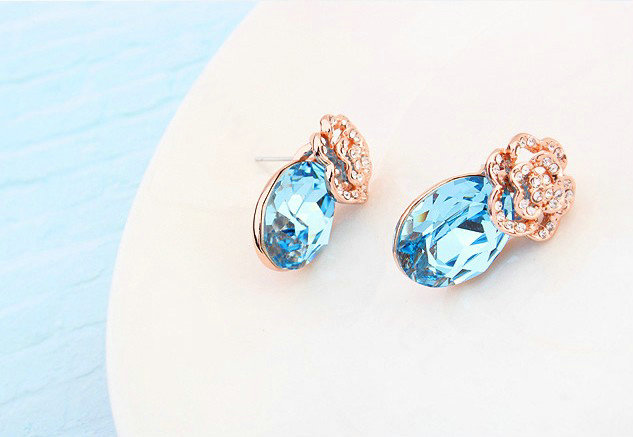 Swarovskii Crystal Blue Rhinestone Flower Stud Earring Women Fashion Jewelry