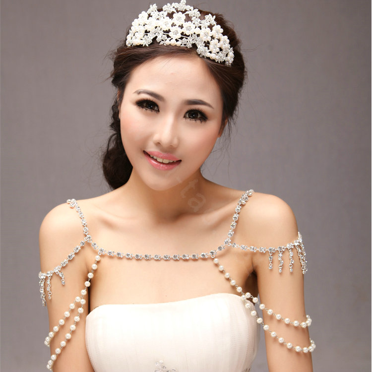 Unique Luxury Crystal Pearl Wedding Bridal Shoulder Chain Strap Shawl Necklace jewelry