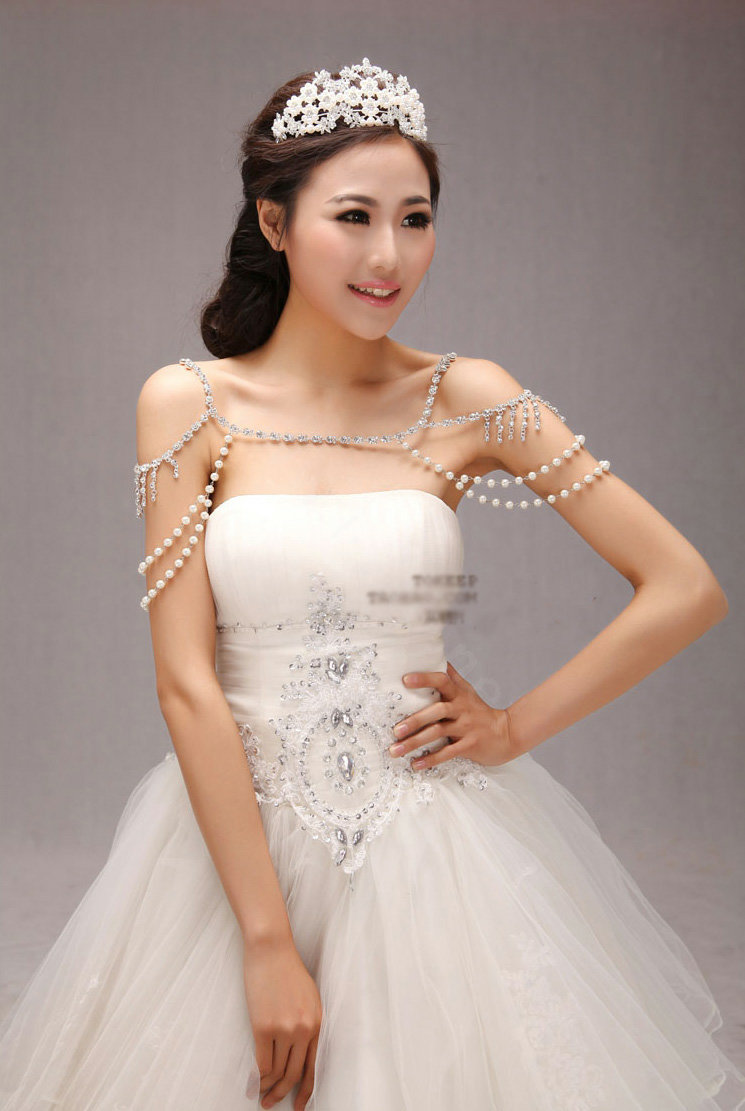 Unique Luxury Crystal Pearl Wedding Bridal Shoulder Chain Strap Shawl Necklace jewelry