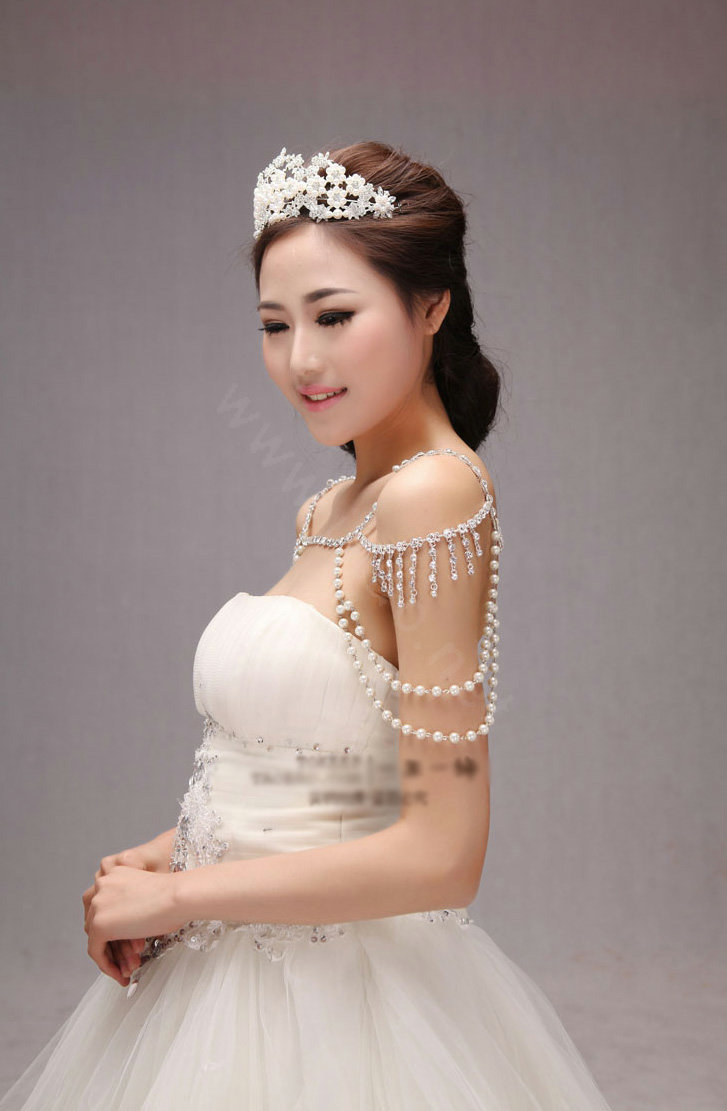 Unique Luxury Crystal Pearl Wedding Bridal Shoulder Chain Strap Shawl Necklace jewelry
