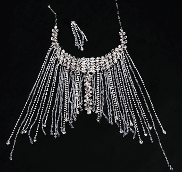 Unique Luxury Crystal Tassel Wedding Bridal Shoulder Chain Strap Shawl Necklace jewelry