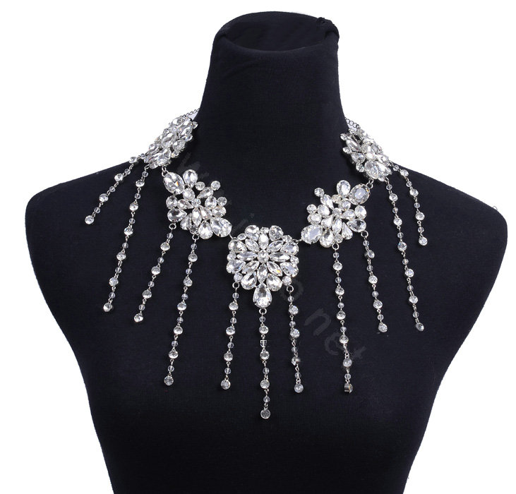 Unique Luxury Flower Crystal Tassel Wedding Bridal Shoulder Chain Strap Shawl Necklace jewelry
