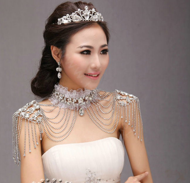 Unique Luxury Lace Crystal Zircon Wedding Bridal Shoulder Chain Strap Shawl Necklace jewelry
