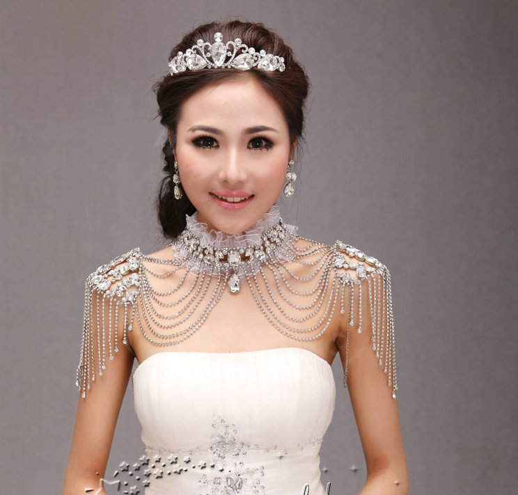 Unique Luxury Lace Crystal Zircon Wedding Bridal Shoulder Chain Strap Shawl Necklace jewelry