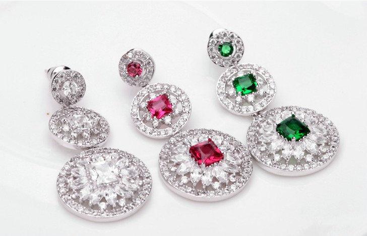 Vintage White Gold Plated Zircon Green Rhinestone Drop Stud Earrings Fashion for Women Banquet