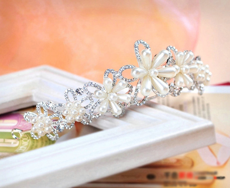 Elegant Bride Pearl Flower Rhinestone Crystal Bridal Hair Crowns Tiaras Wedding Accessories