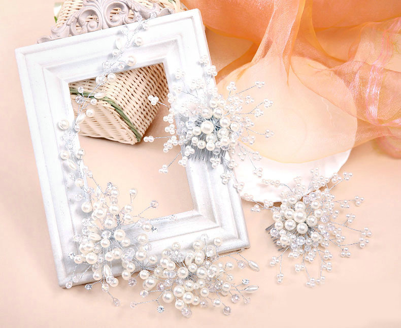Luxury Bride Jewelry Pearl Crystal Bead Flower Bridal Hair Headband Comb Wedding Accessories