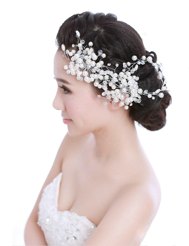 Luxury Bride Jewelry Pearl Crystal Bead Flower Bridal Hair Headband Wedding Accessories