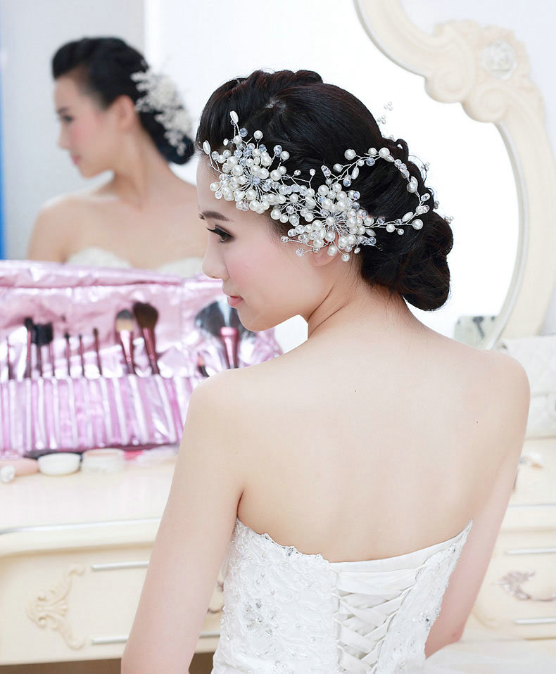Luxury Bride Jewelry Pearl Crystal Bead Flower Bridal Hair Headband Wedding Accessories