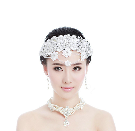 Luxury Bride Rhinestone Lace Flower Beads Bridal Hair Headband Jewelry Wedding Accessories