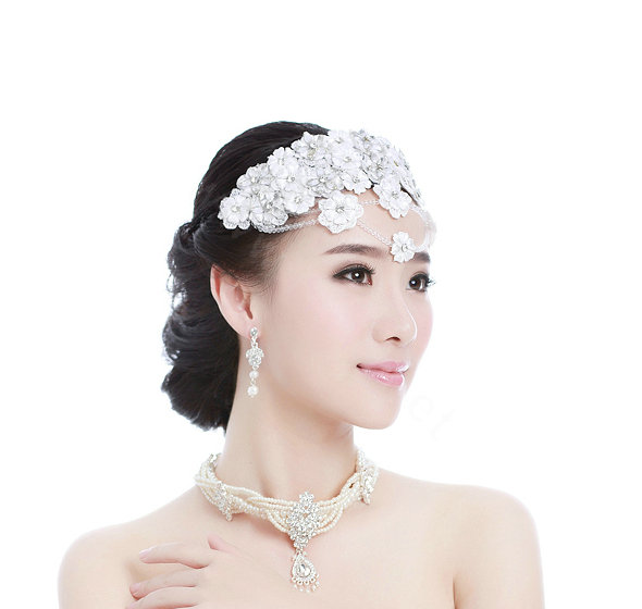 Luxury Bride Rhinestone Lace Flower Beads Bridal Hair Headband Jewelry Wedding Accessories
