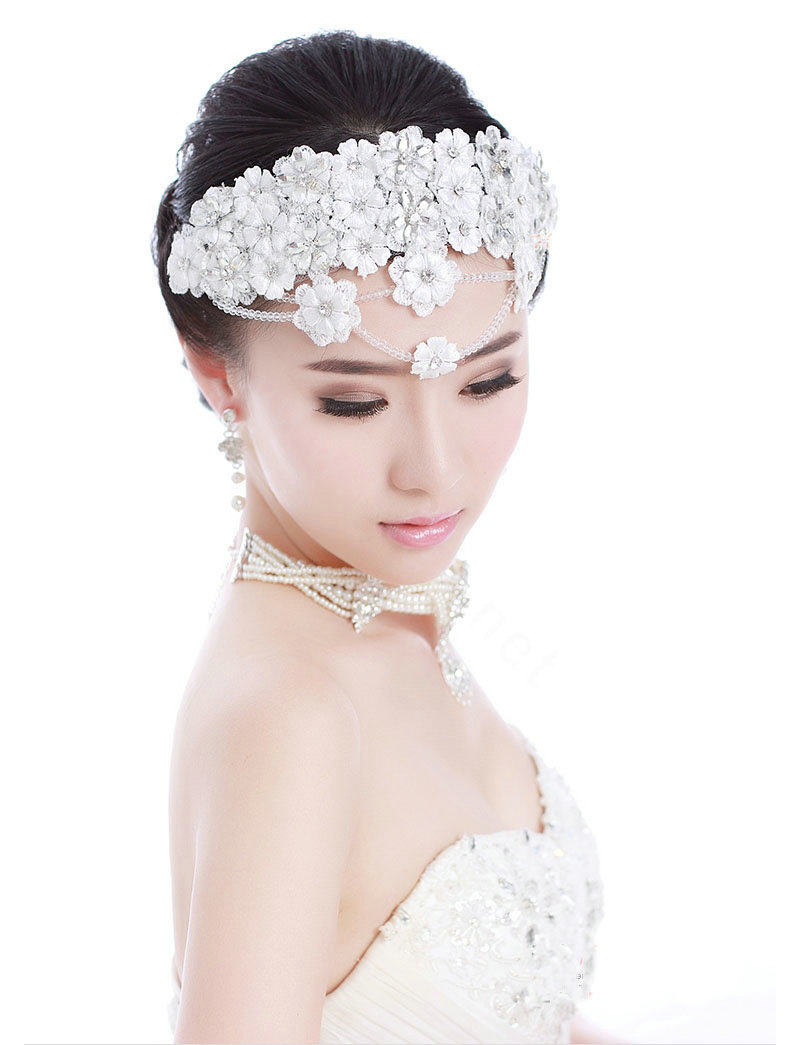 Luxury Bride Rhinestone Lace Flower Beads Bridal Hair Headband Jewelry Wedding Accessories