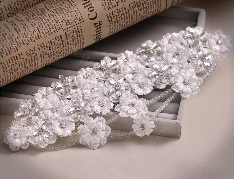Luxury Bride Rhinestone Lace Flower Beads Bridal Hair Headband Jewelry Wedding Accessories