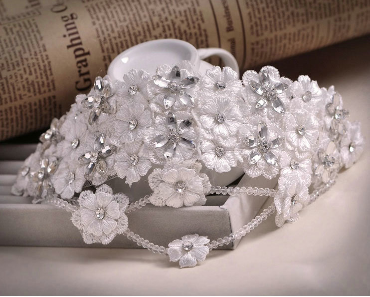 Luxury Bride Rhinestone Lace Flower Beads Bridal Hair Headband Jewelry Wedding Accessories