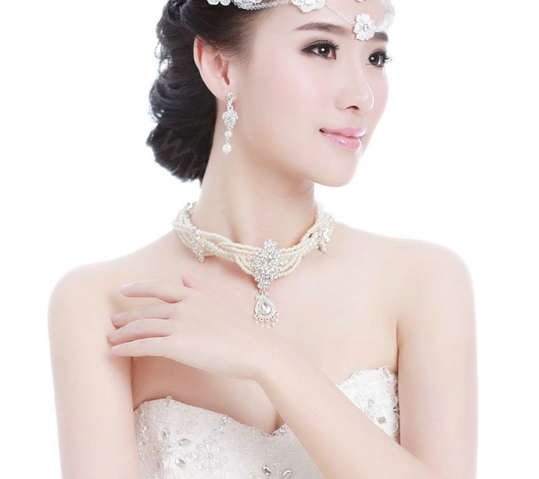 Luxury Multicolor Pearl Crystal Water drop Necklace + Earrings Wedding Bride Bridal Jewelry Sets