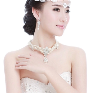 Luxury Multicolor Pearl Crystal Water drop Necklace + Earrings Wedding Bride Bridal Jewelry Sets
