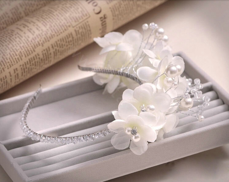 Pretty Bride Jewelry Lace Flower Pearl Crystal Bridal Hair Band Hoop Wedding Accessories