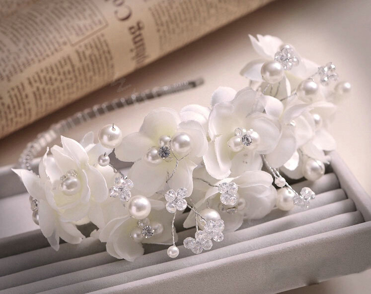 Pretty Bride Jewelry Lace Flower Pearl Crystal Bridal Hair Band Hoop Wedding Accessories
