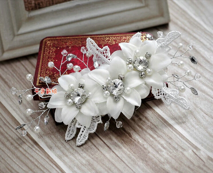Pretty Bride Jewelry Lace Flower Pearl Crystal Bridal Hair Headband Headpiece Wedding Accessories