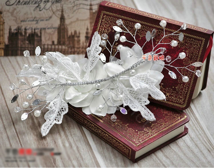 Pretty Bride Jewelry Lace Flower Pearl Crystal Bridal Hair Headband Headpiece Wedding Accessories