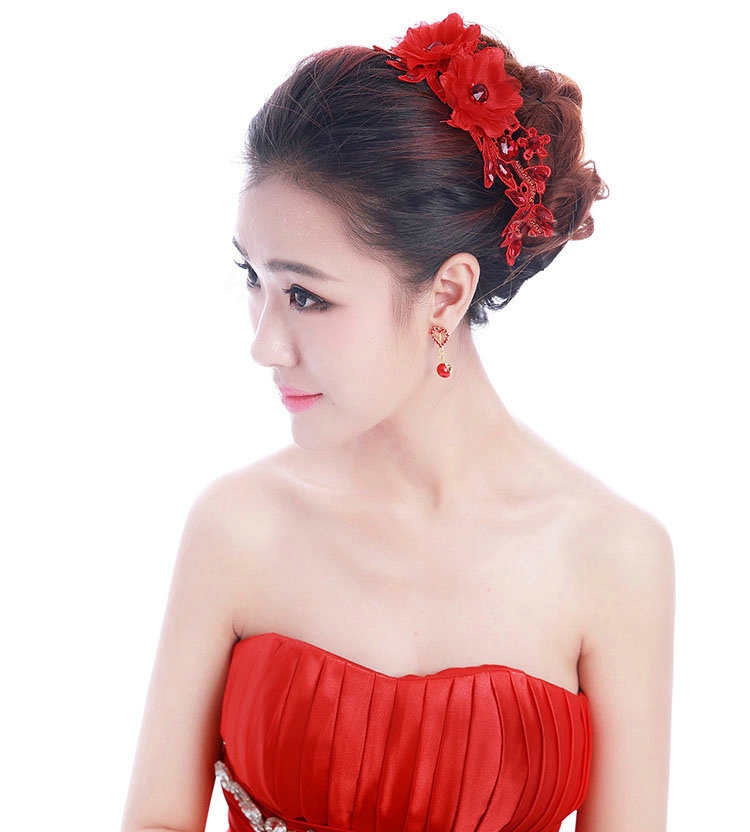 Unique Bride Jewelry Red Lace Flower Crystal Bridal Cheongsam Hair Headband Wedding Accessories