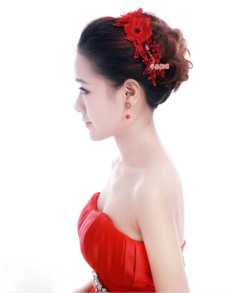 Unique Bride Jewelry Red Lace Flower Crystal Bridal Cheongsam Hair Headband Wedding Accessories