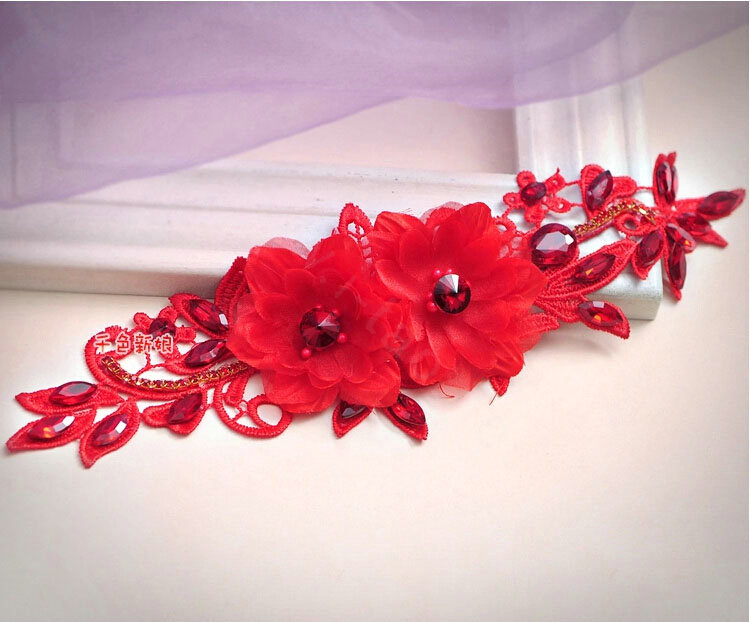 Unique Bride Jewelry Red Lace Flower Crystal Bridal Cheongsam Hair Headband Wedding Accessories