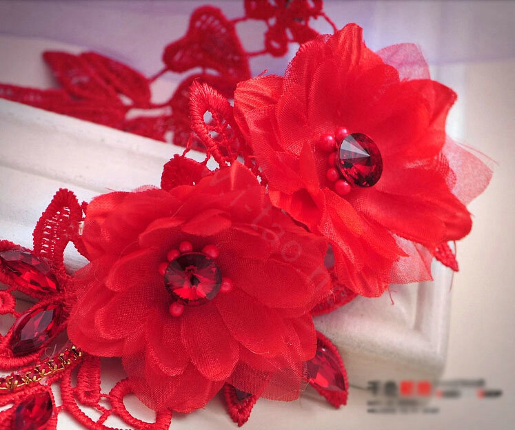 Unique Bride Jewelry Red Lace Flower Crystal Bridal Cheongsam Hair Headband Wedding Accessories