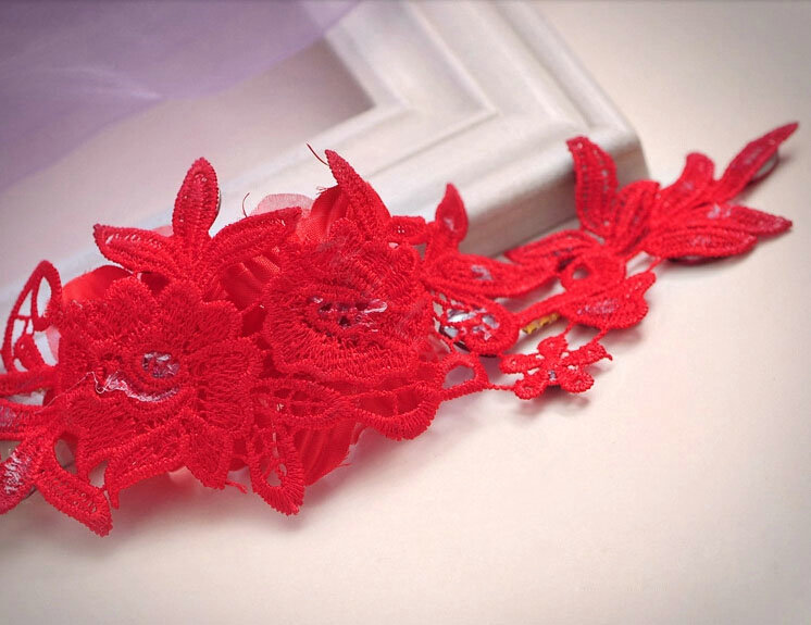 Unique Bride Jewelry Red Lace Flower Crystal Bridal Cheongsam Hair Headband Wedding Accessories