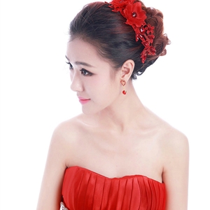 Unique Bride Jewelry Red Lace Flower Crystal Bridal Cheongsam Hair Headband Wedding Accessories